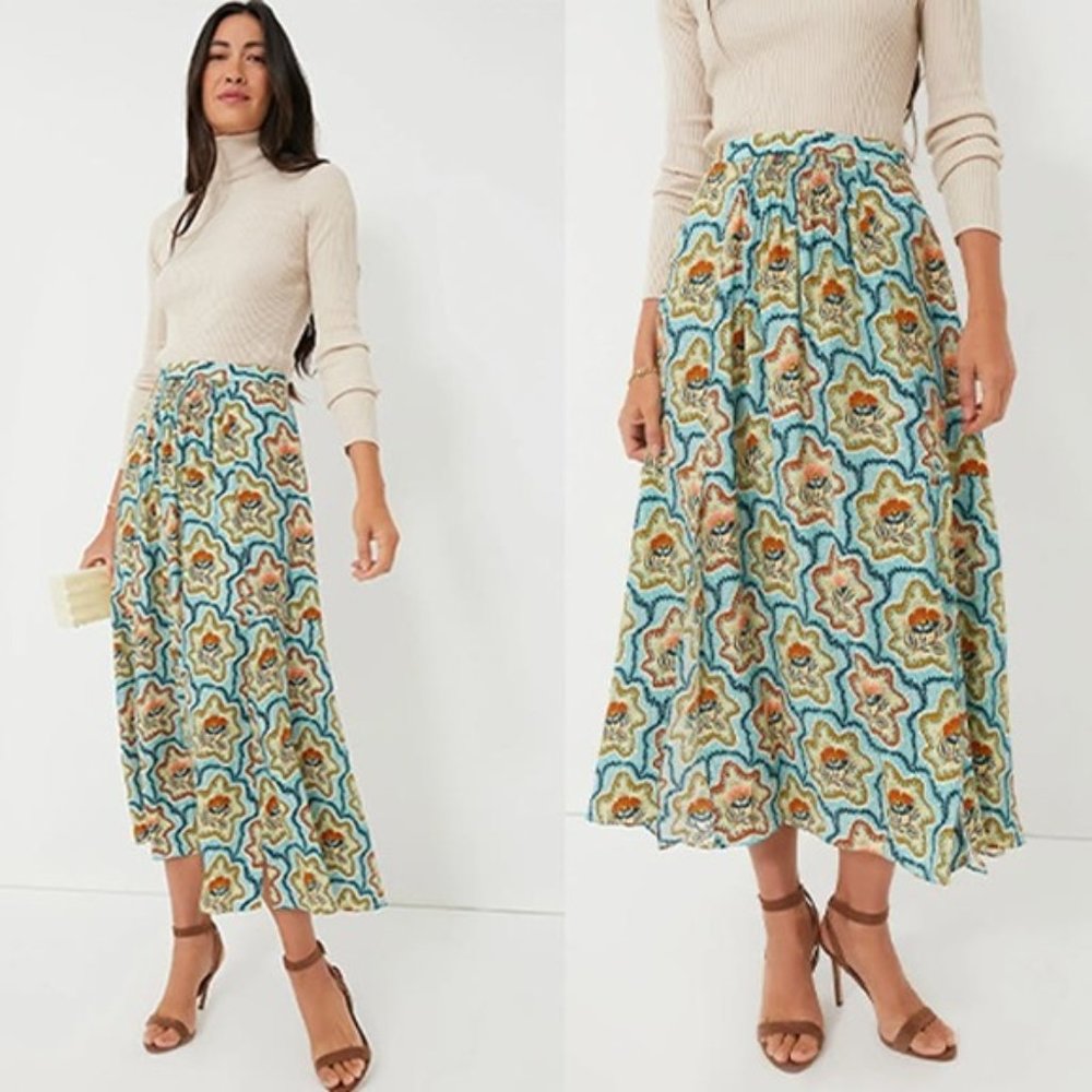 NWT Hunter Bell Tucker Smocked Blue Green Midi Skirt in Tea Time Flower